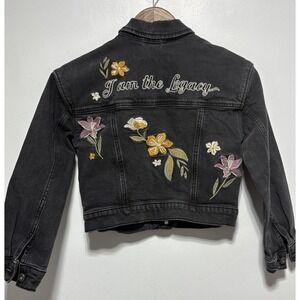 Abercrombie Kids Denim Jacket Girls Kids 9 10 Black Floral Embroidery Cropped